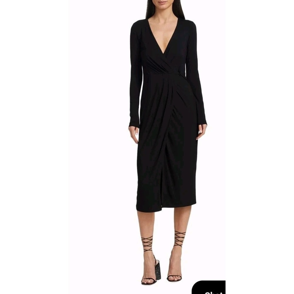 GOOD AMERICAN Wrap Dress Midi Long Sleeve Women Size 4 Black Stretch Knit Deep V